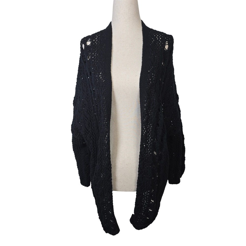 Lucky Brand Black Pointelle Open Knit Cocoon Cardigan Sweater Womens Large L